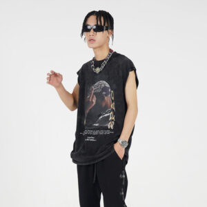 hip hop character print hiphop vest men's washed and worn vest sleeveless t shirt