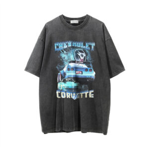 american street fashion car printed washed and worn round neck t shirt