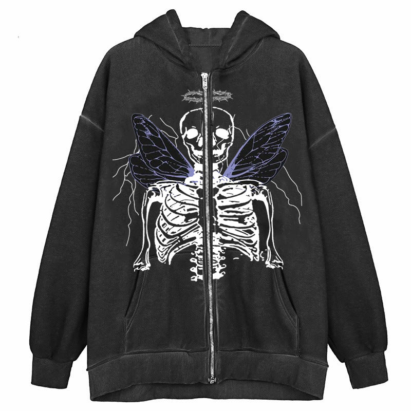 street hip hop angel butterfly print black zip hoodie street hip hop angel butterfly print black zip hoodie